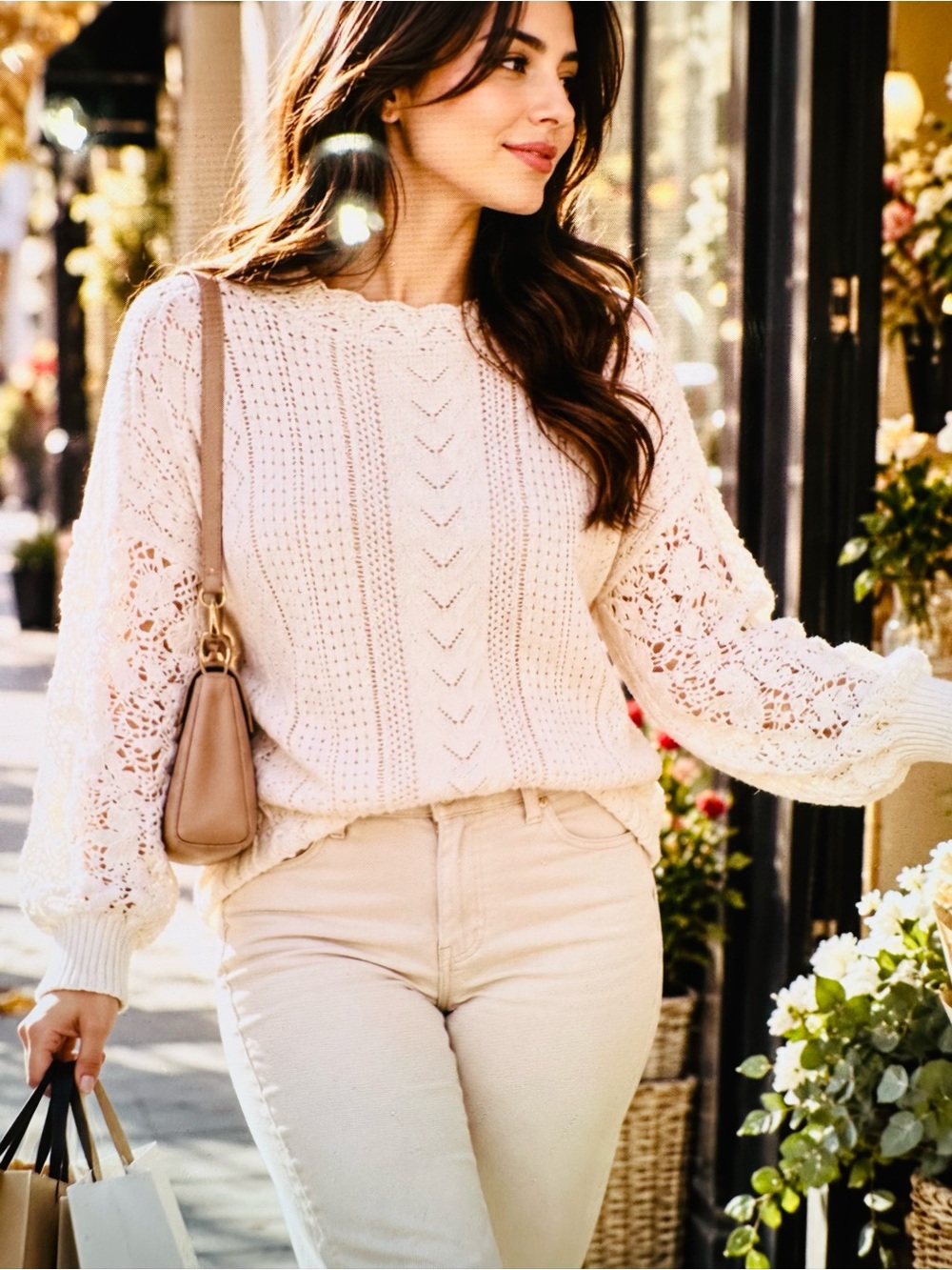Cotton blend acrylic Women's Cream Crochet-Sleeve Crewneck Sweater